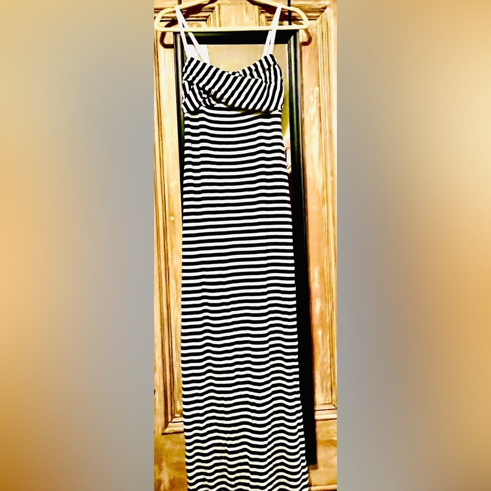 Max Studio dress. Black/white striped, draped bust, white straps, long length
